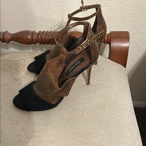 White House Black Market Black and Brown Snake-Print Suede Heels
